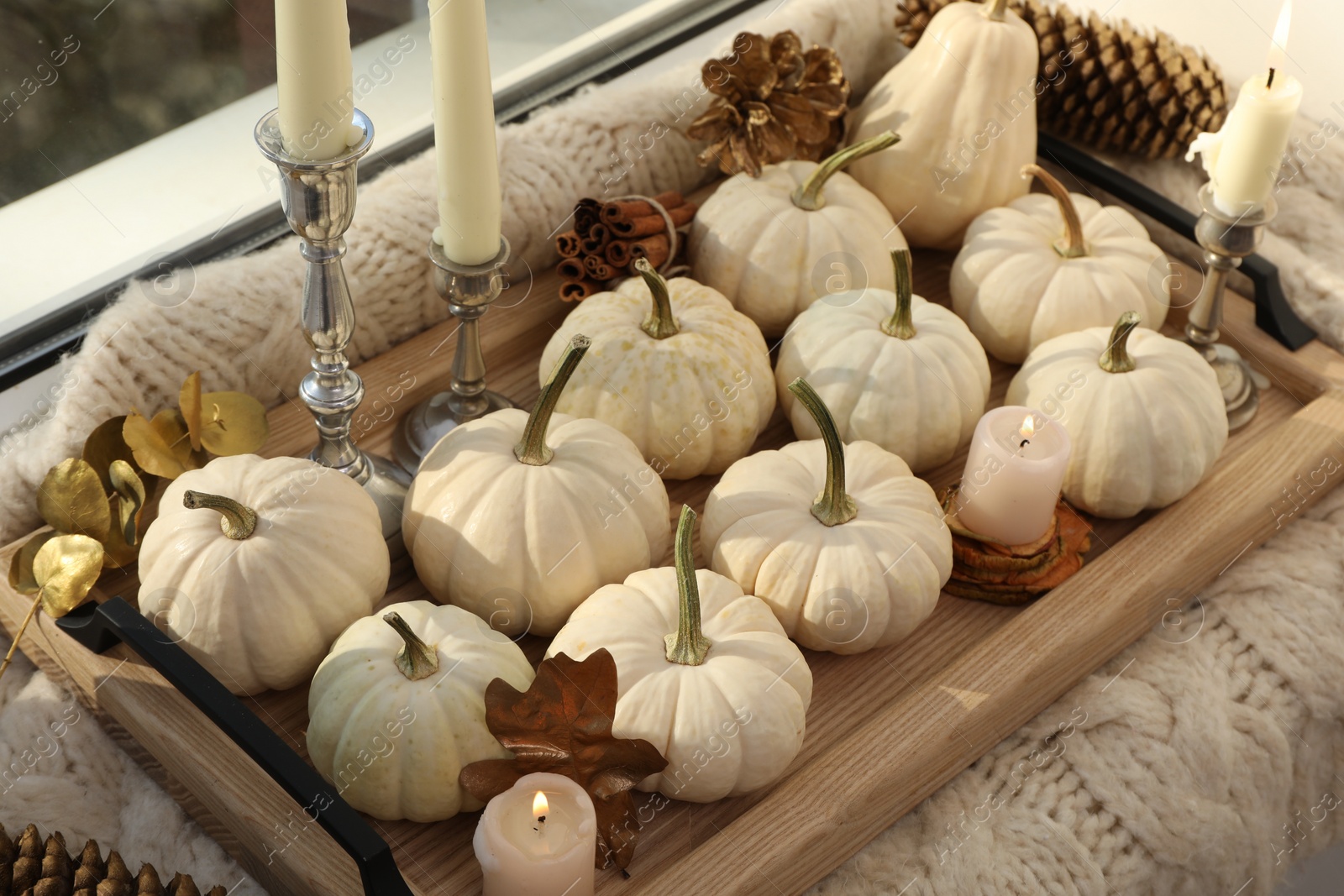 Photo of Tray with white pumpkins, burning candles and leaves on window sill indoors