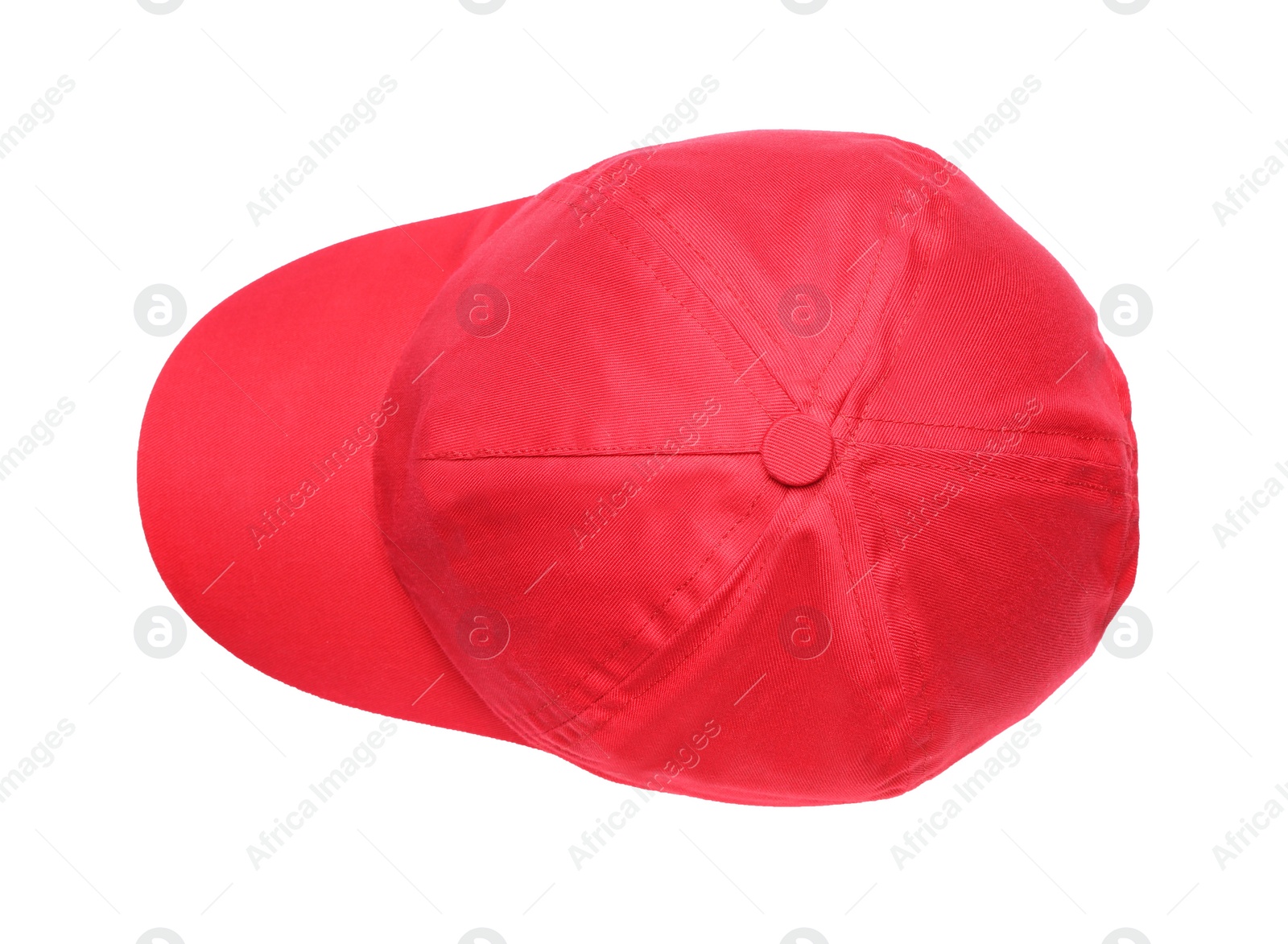 Photo of Stylish red baseball cap isolated on white, top view