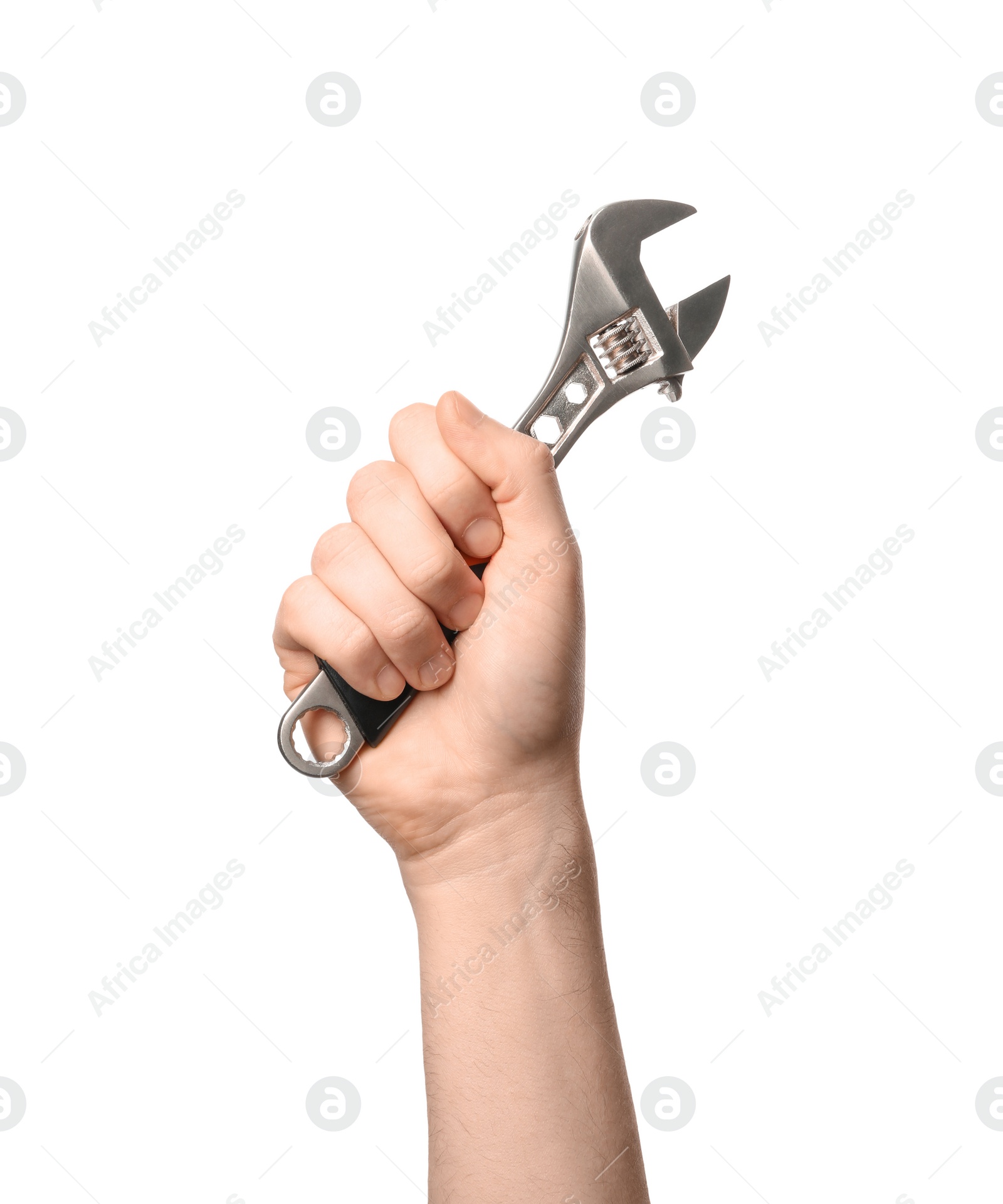 Photo of Man holding adjustable wrench isolated on white, closeup