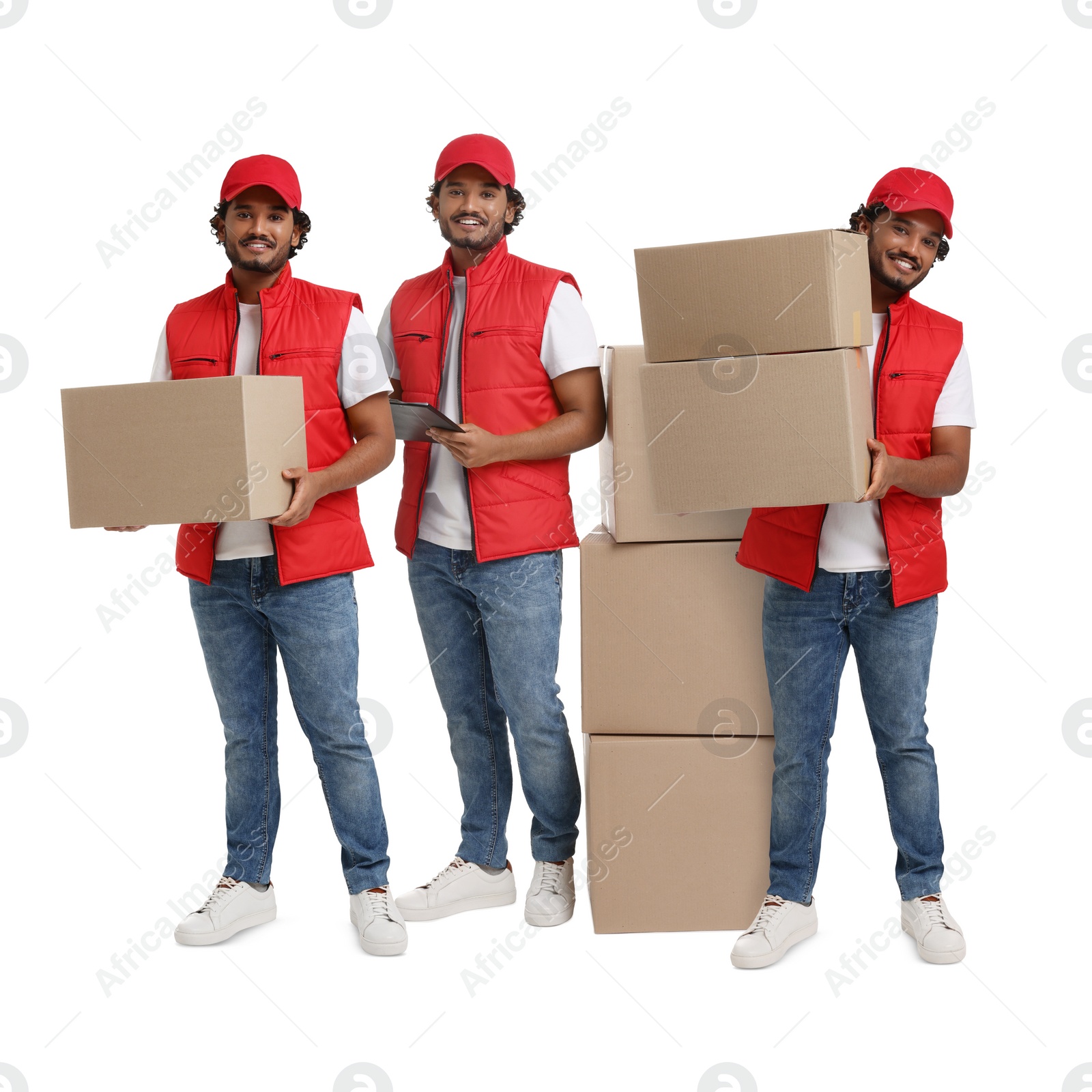 Image of Delivery service. Happy courier with cardboard boxes on white background, collage of photos