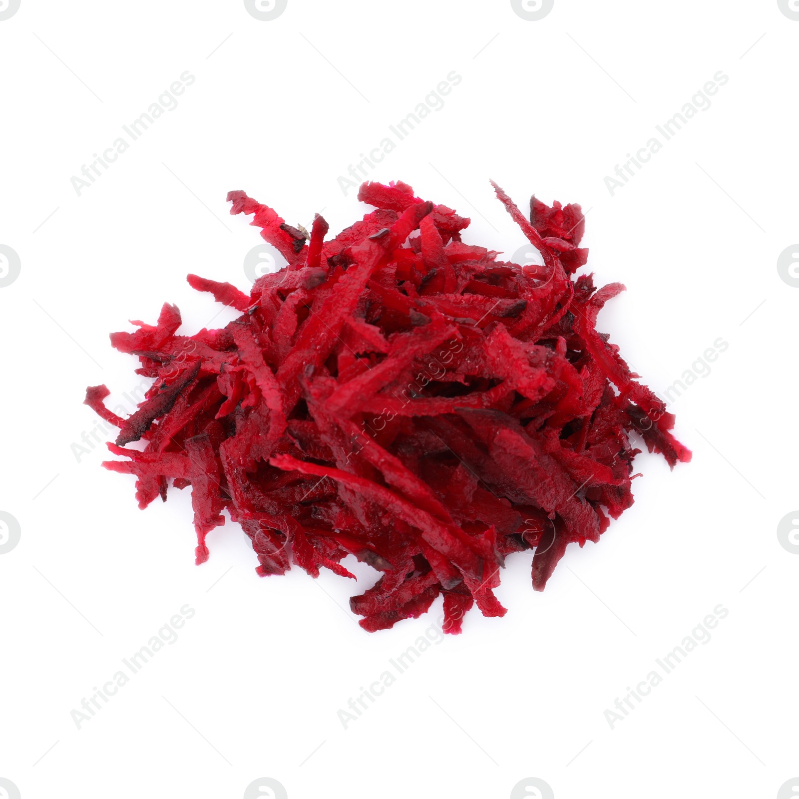 Photo of Heap of grated fresh red beet on white background, top view