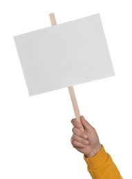 Photo of Man holding blank protest sign on white background, closeup