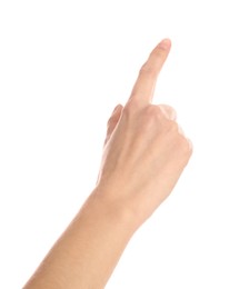 Photo of Woman pointing at something on white background, closeup. Finger gesture