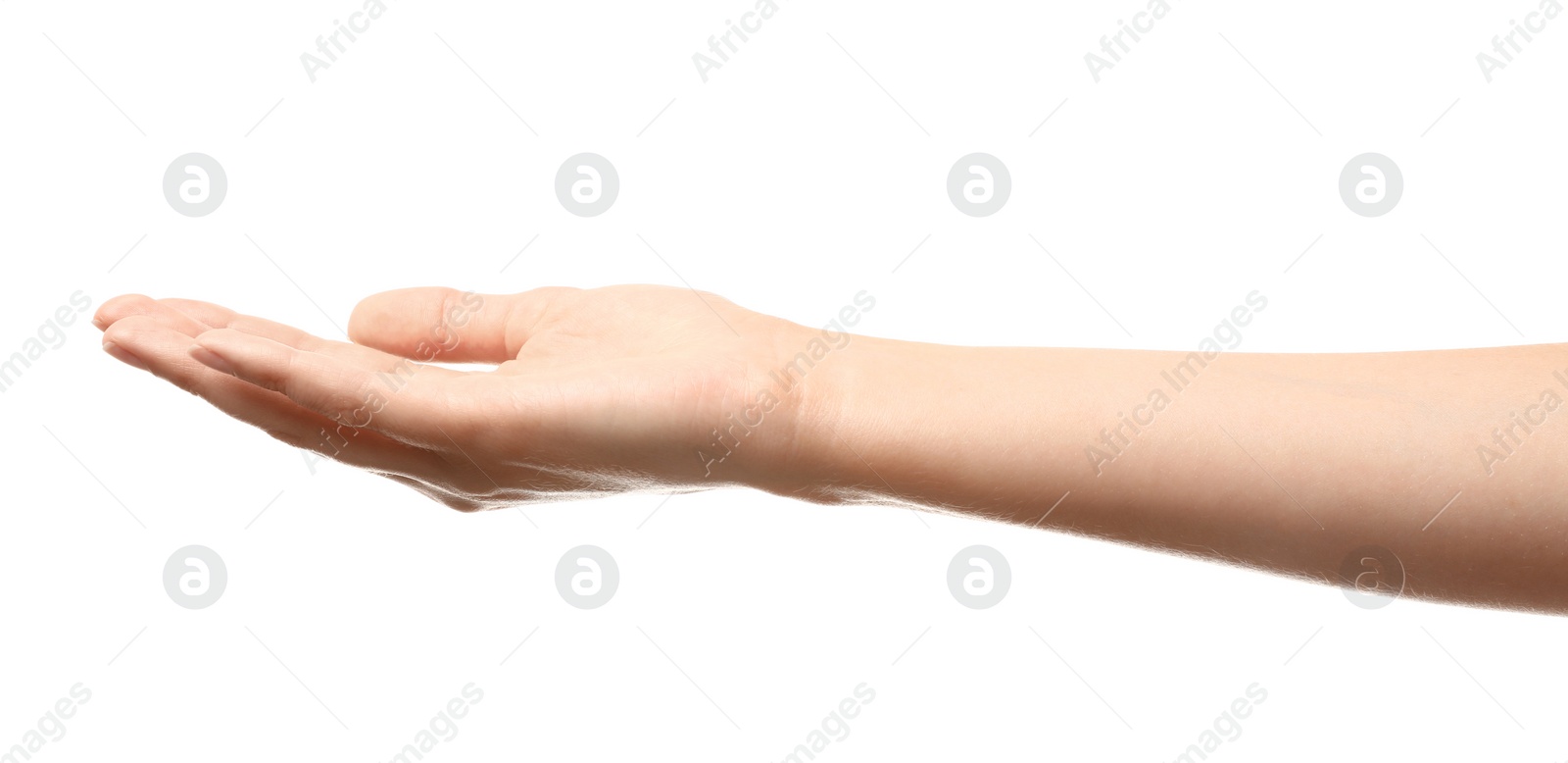 Photo of Young woman holding something on white background, closeup