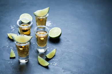 Mexican Tequila shots with salt and lime slices on grey table. Space for text