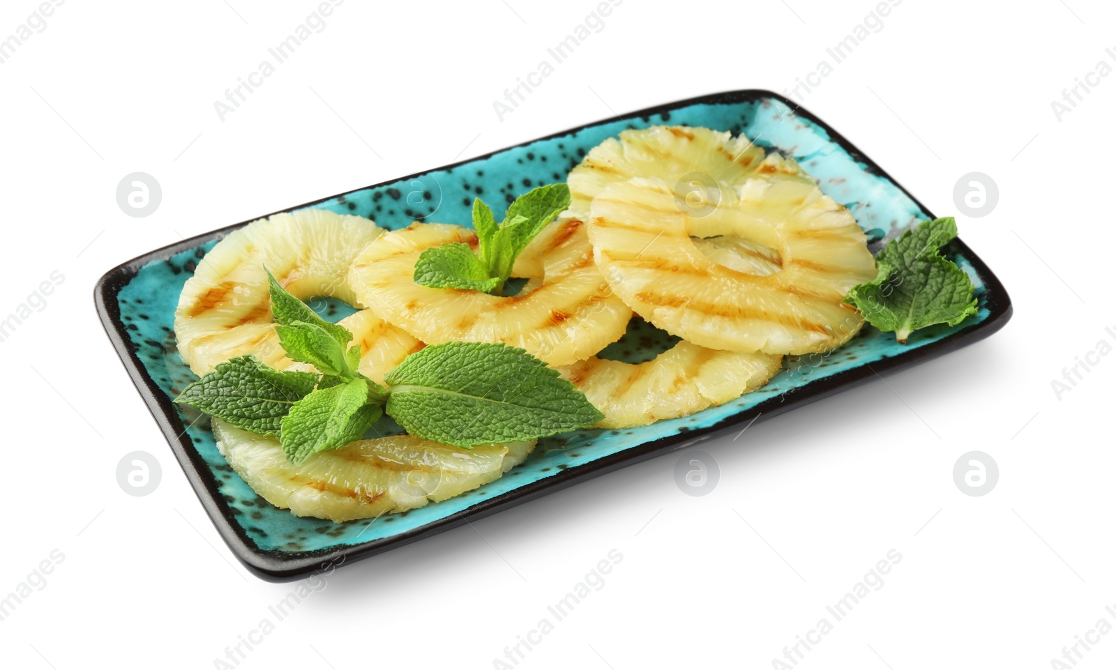 Photo of Tasty grilled pineapple slices and mint isolated on white
