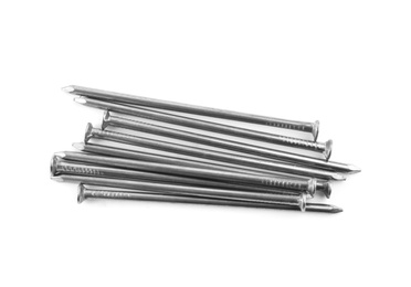 Photo of Pile of metal nails on white background, top view