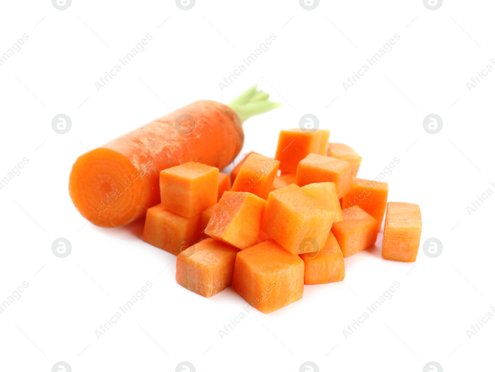 Photo of Pile of fresh cubes and carrot isolated on white