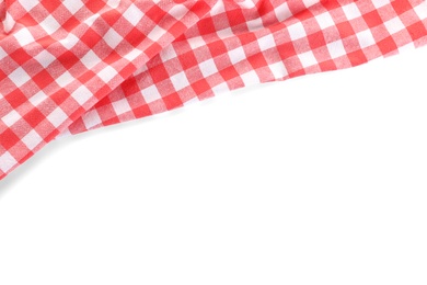 Photo of Classic red checkered blanket isolated on white, top view