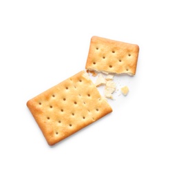 Photo of Broken delicious crispy cracker isolated on white, top view