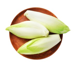 Photo of Raw ripe chicories on white background, top view