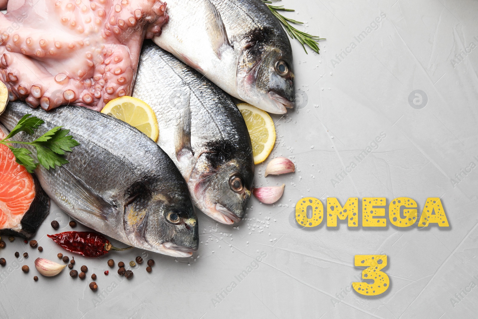 Image of Fresh seafood rich in Omega 3 oils and spices on light table, flat lay