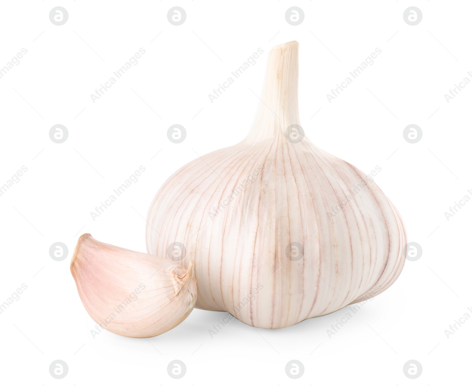 Photo of Fresh head of garlic and clove isolated on white