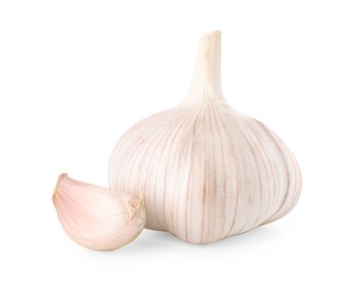 Fresh head of garlic and clove isolated on white