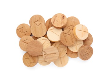 Pile of wooden runes isolated on white, top view