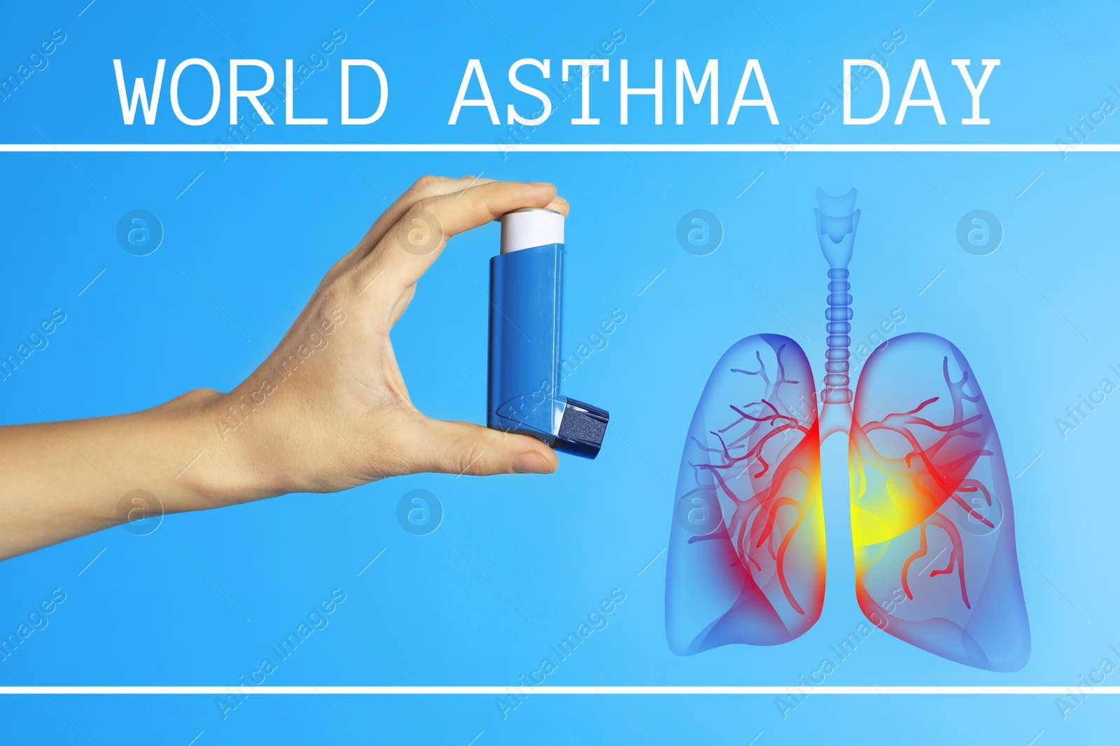 Image of World asthma day. Woman holding inhaler on light blue background, closeup