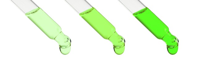 Image of Pipettes with essential oils on white background, collage. Banner design