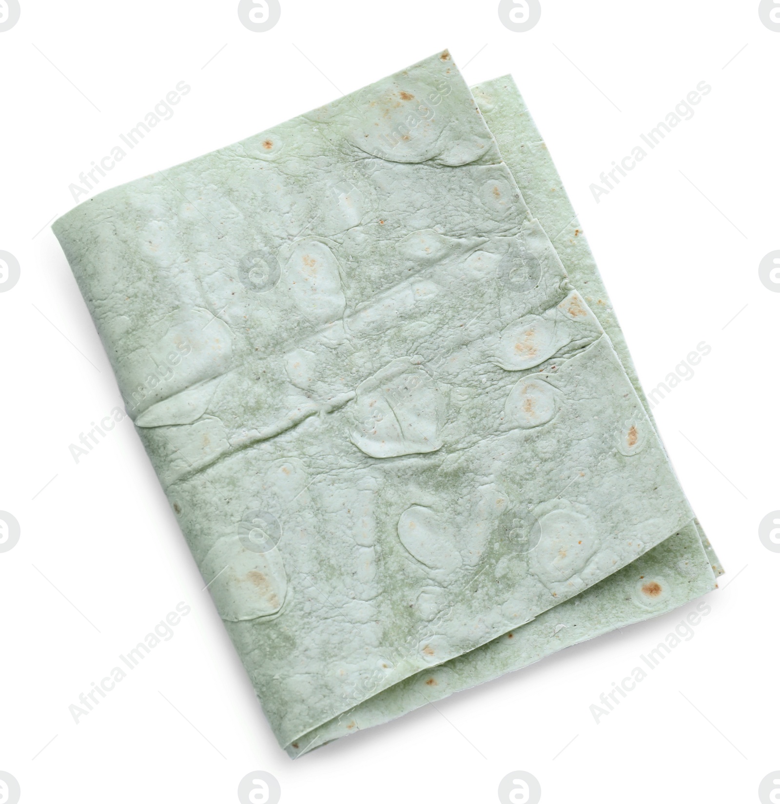 Photo of Delicious green folded Armenian lavash on white background, top view