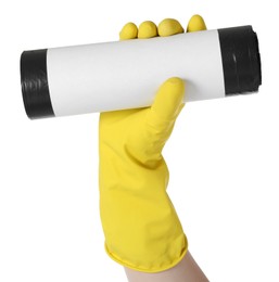 Photo of Janitor in rubber glove holding roll of black garbage bags on white background, closeup