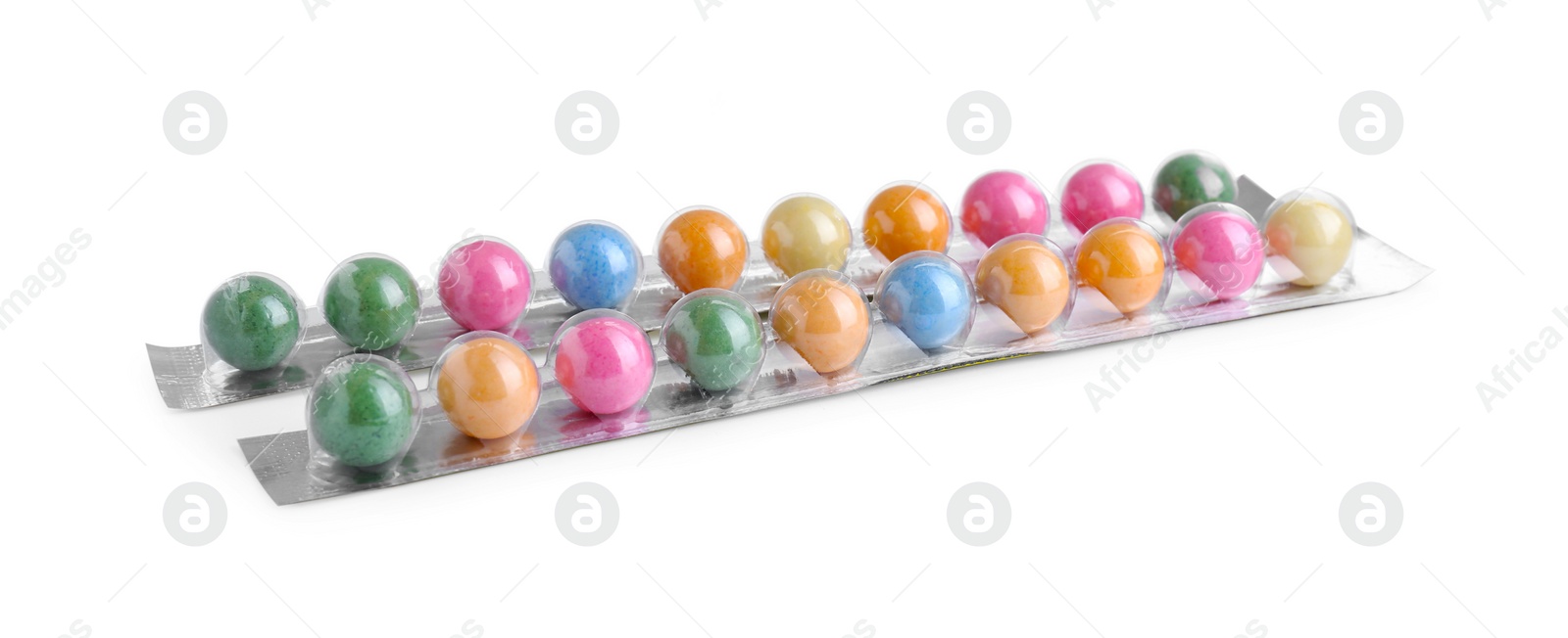 Photo of Packages with many bright gumballs isolated on white