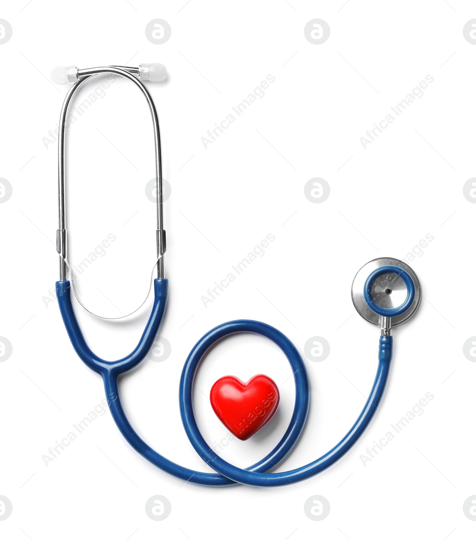 Photo of Stethoscope for checking pulse and red heart on white background, top view