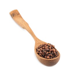 Wooden spoon with aromatic dry cloves isolated on white