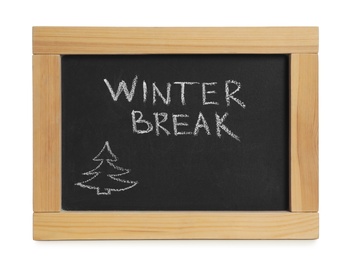 Photo of Blackboard with text Winter Break isolated on white. School holidays