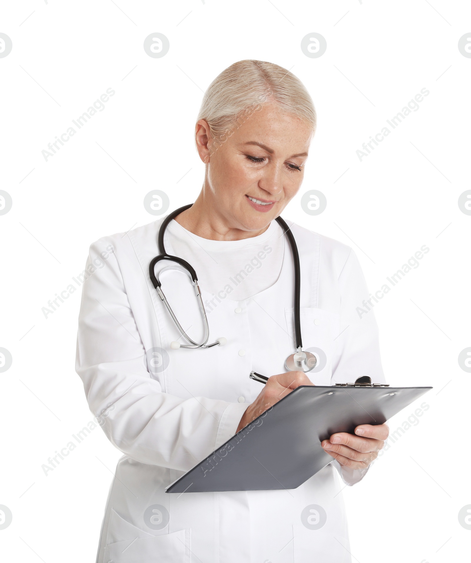 Photo of Portrait of female doctor with clipboard isolated on white. Medical staff