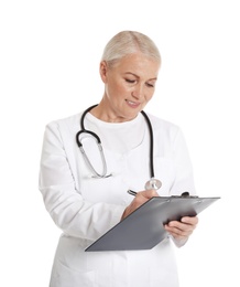 Portrait of female doctor with clipboard isolated on white. Medical staff