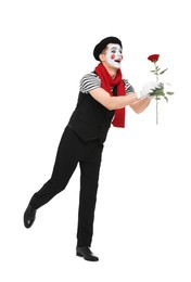 Photo of Funny mime artist with red rose posing on white background