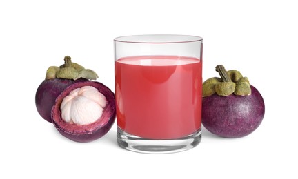 Photo of Delicious mangosteen juice and fresh fruits on white background