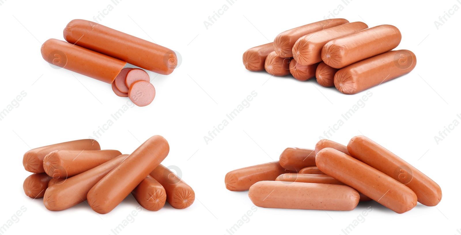 Image of Collage with fresh raw sausages on white background