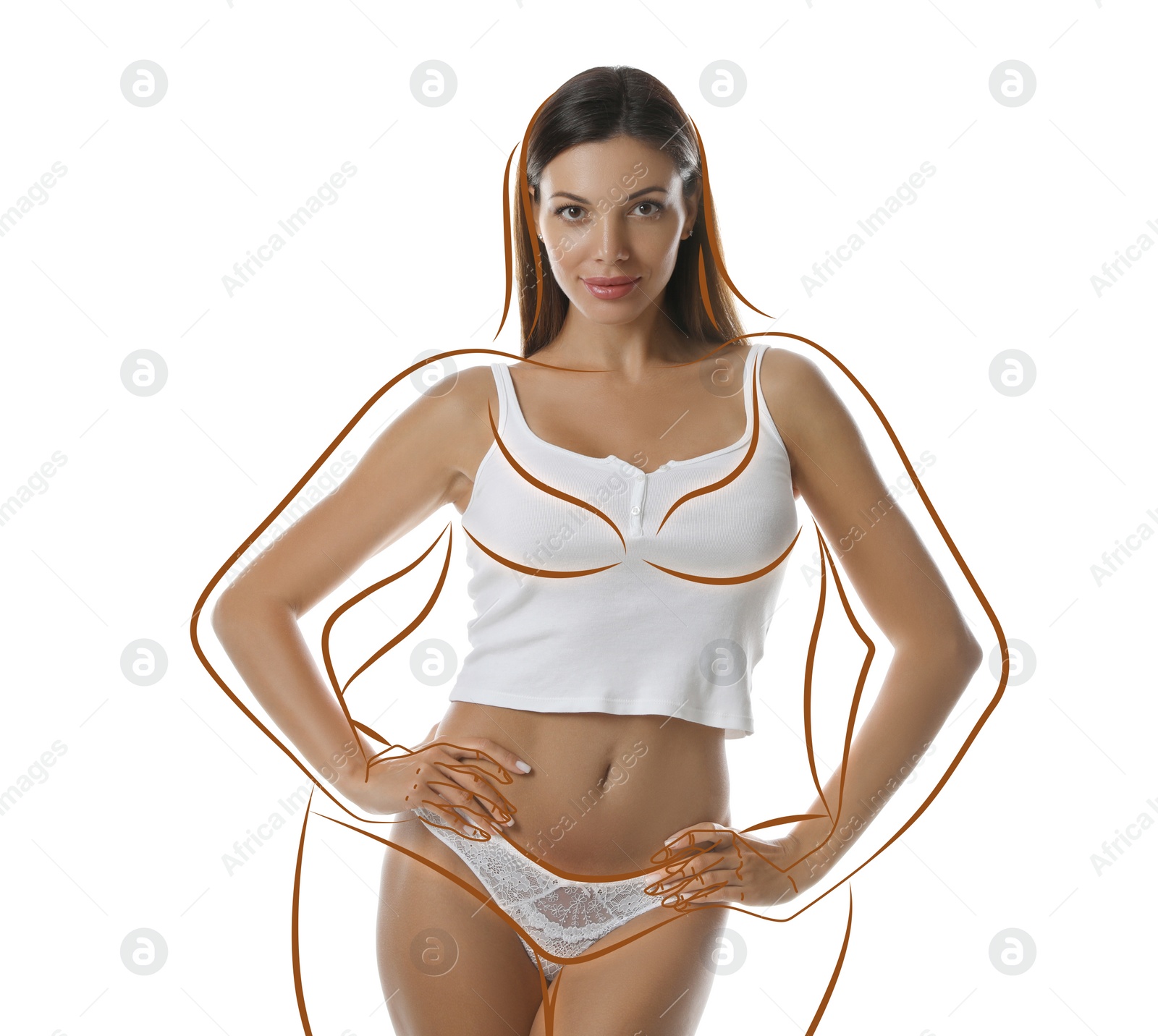 Image of Beautiful slim woman after weight loss on white background 