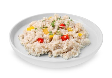 Photo of Delicious barley porridge with vegetables and microgreens isolated on white