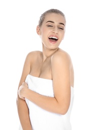 Photo of Portrait of young pretty woman with towel on white background