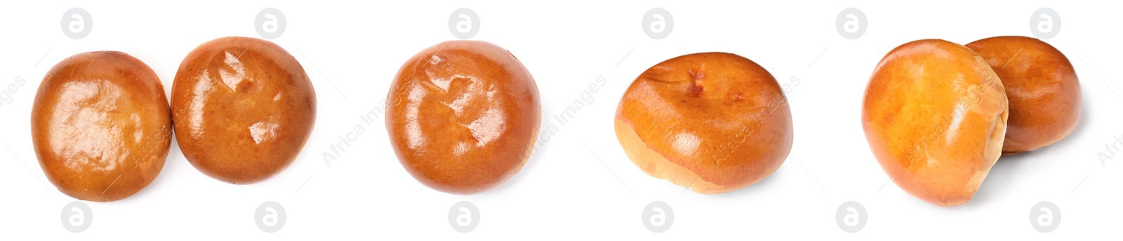 Image of Set with  delicious baked pirozhki on white background. Banner design