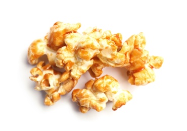 Photo of Pile of delicious caramel popcorn on white background