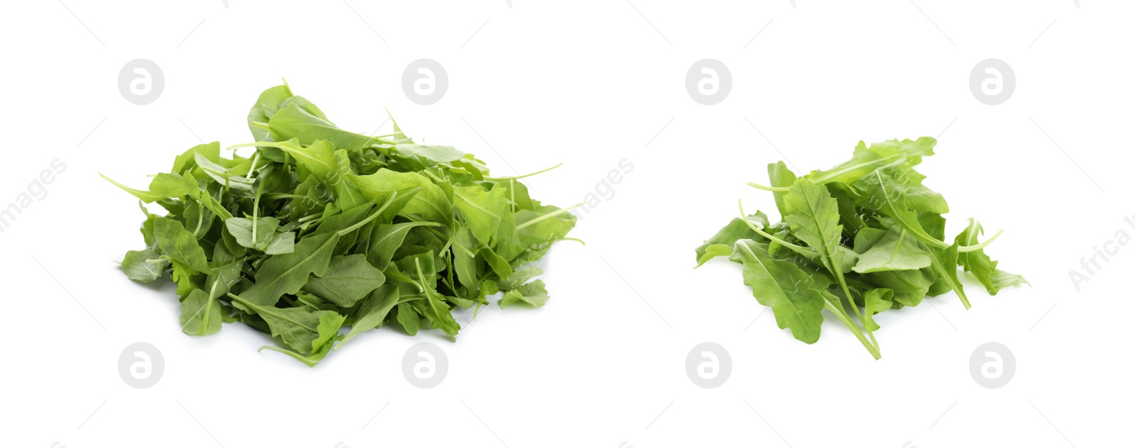 Image of Heaps of green arugula leaves on white background. Banner design