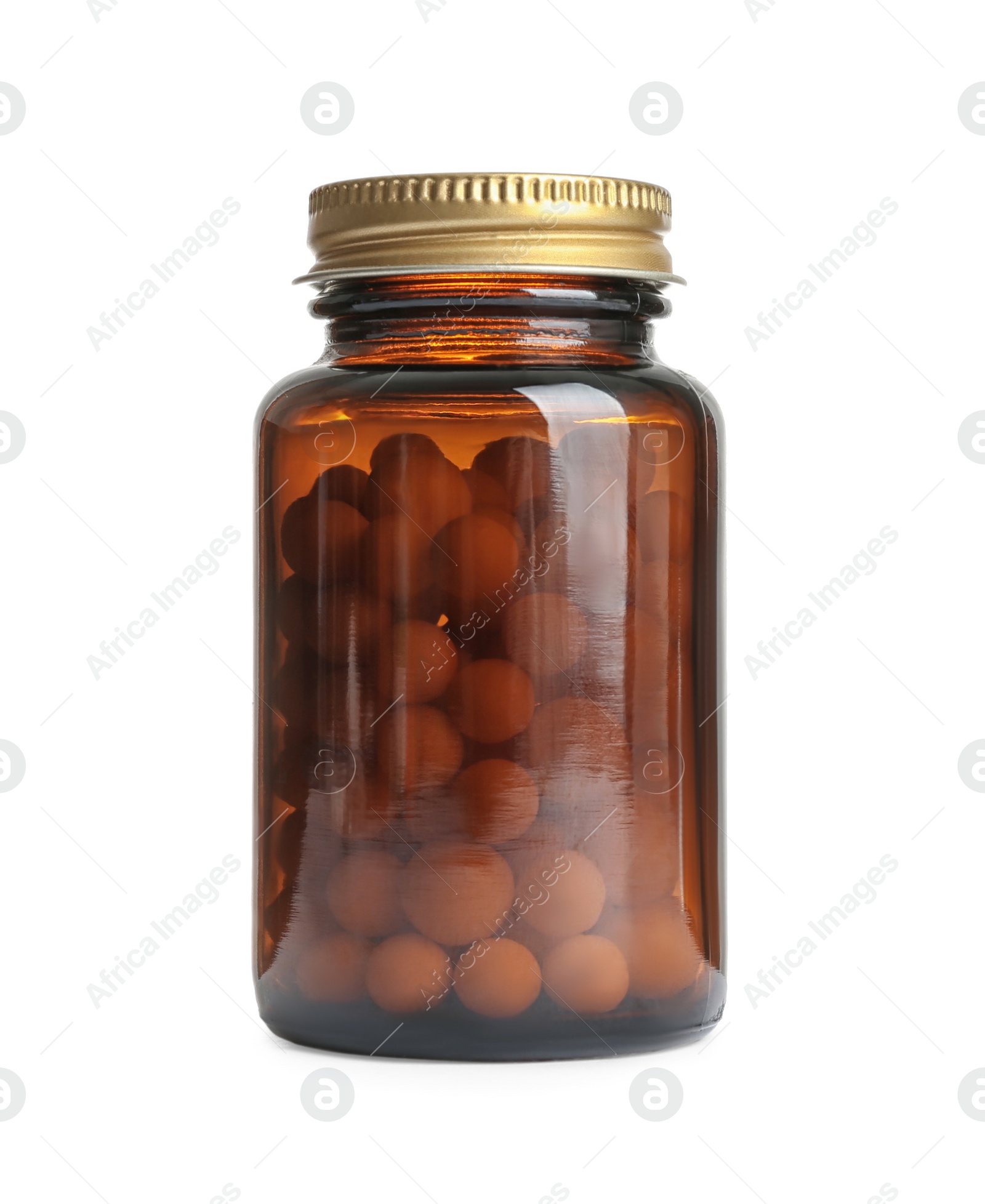 Photo of Bottle with vitamin pills on white background