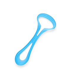 Photo of One light blue tongue cleaner isolated on white, top view. Dental care