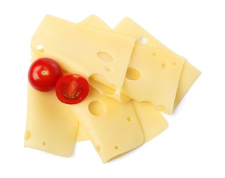 Photo of Slices of tasty fresh cheese and tomatoes isolated on white, top view