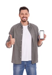 Photo of Happy man with phone on white background