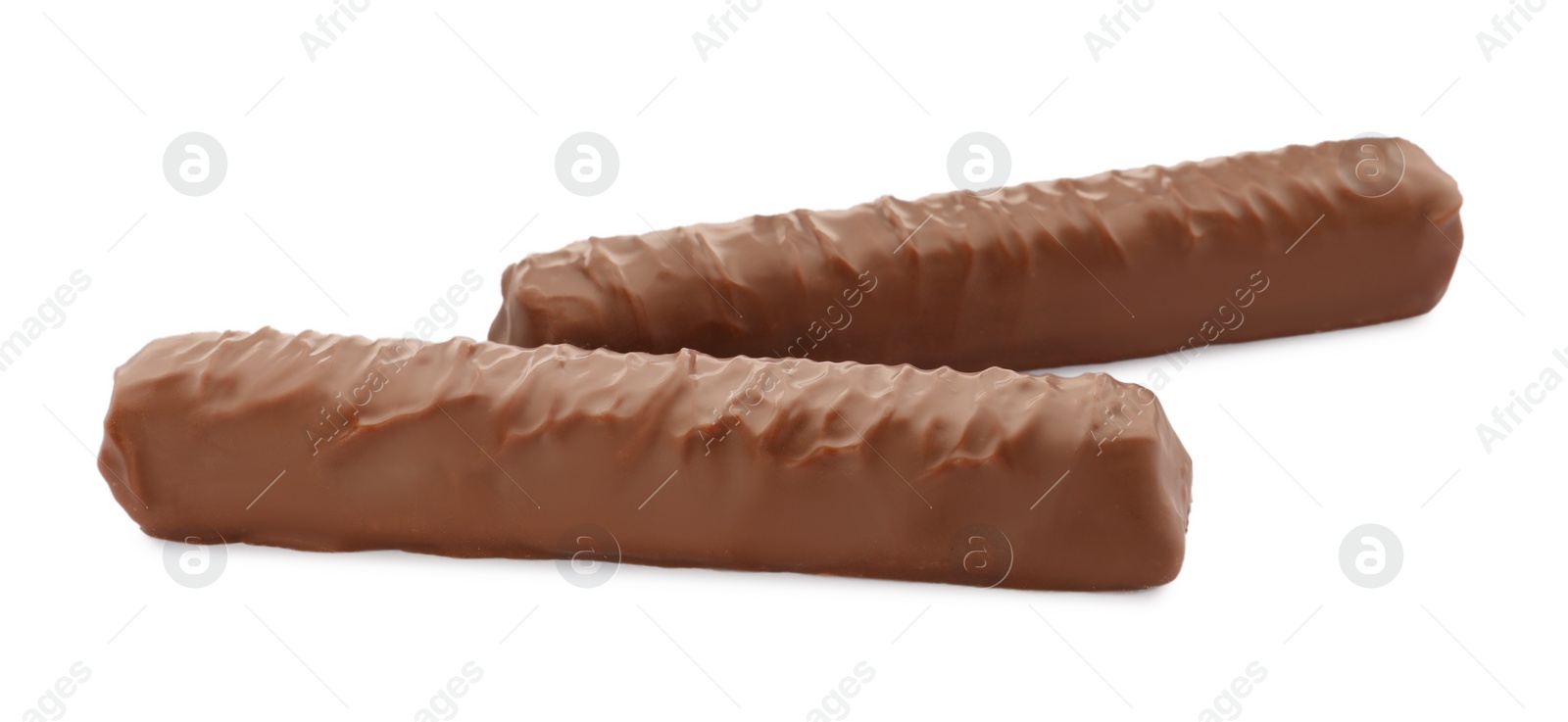 Photo of Sweet tasty chocolate bars on white background