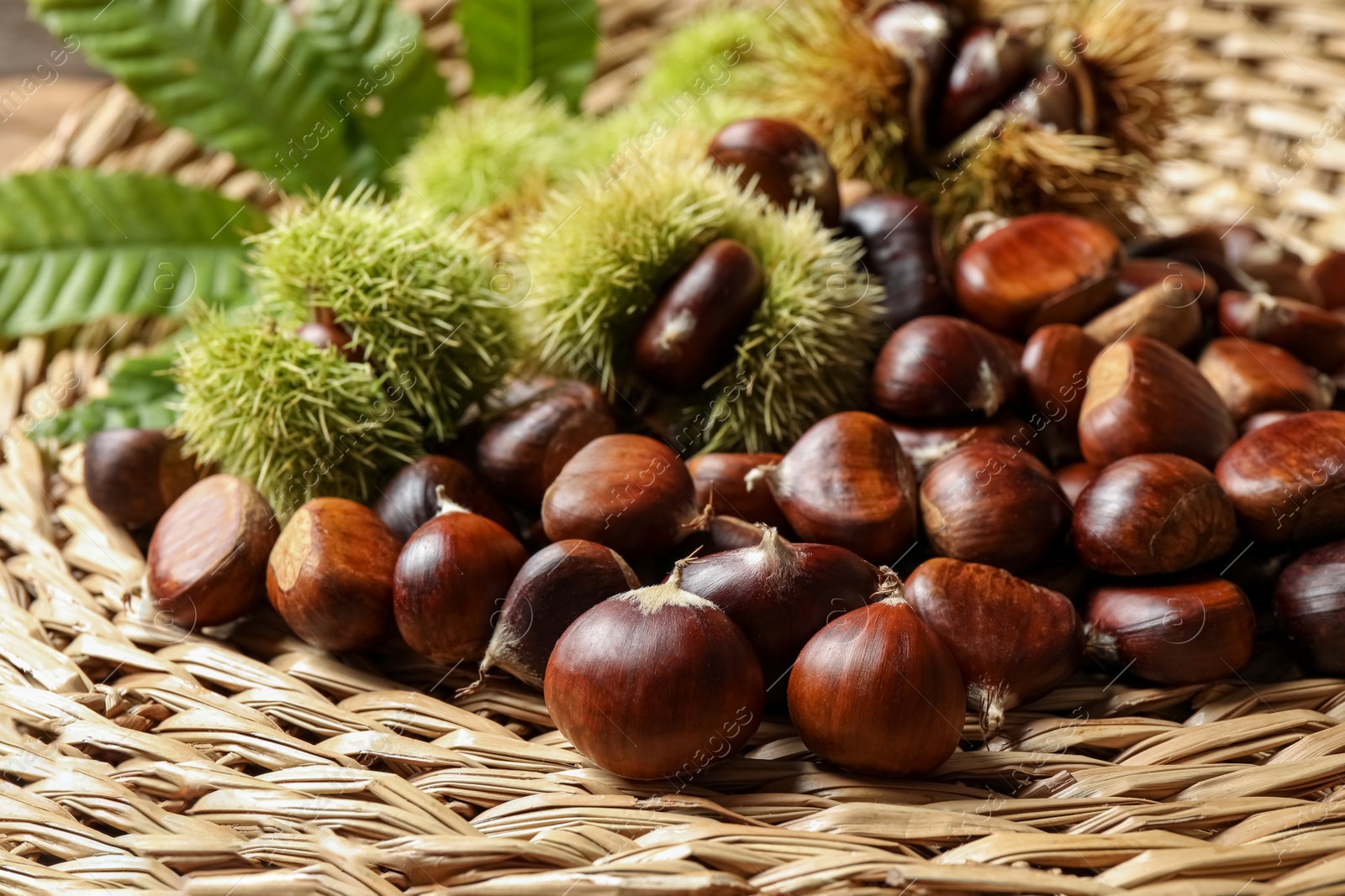 Photo of Fresh sweet edible chestnuts on wicker mat, closeup