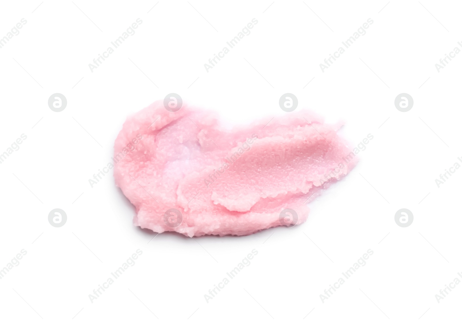 Photo of Smear of pink body scrub isolated on white, top view