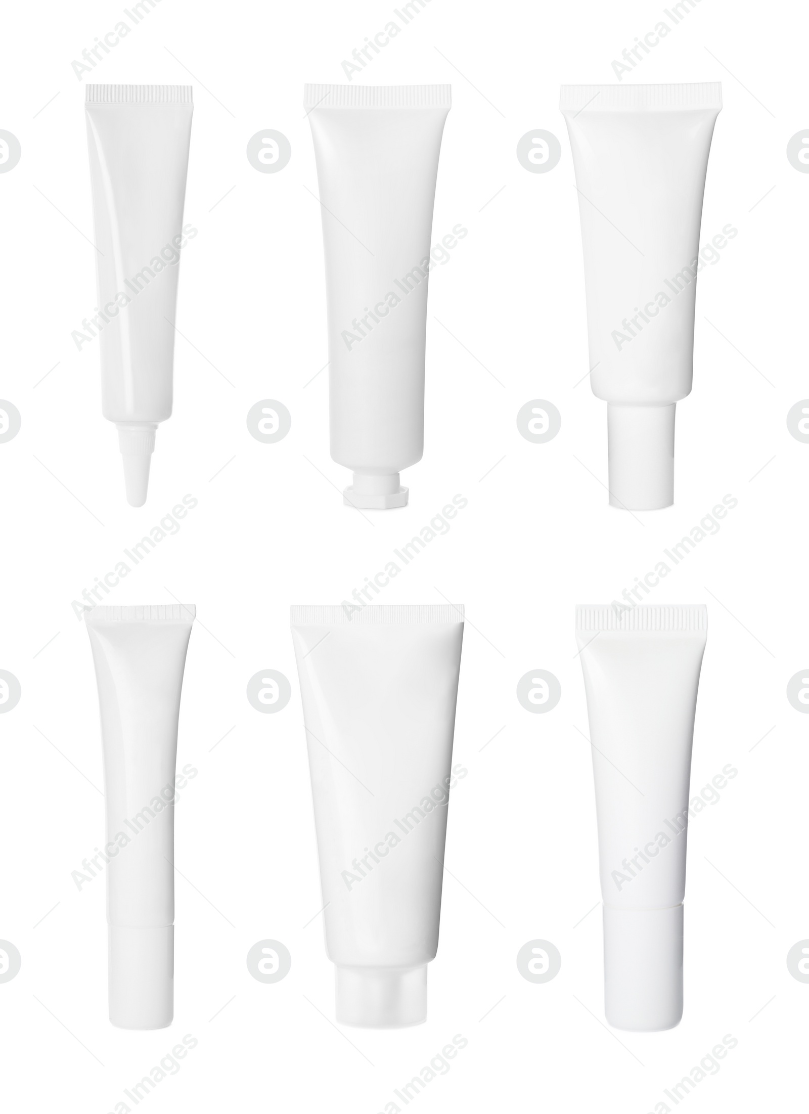 Image of Set with blank tubes of cosmetic products on white background. Mockup for design