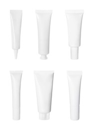 Image of Set with blank tubes of cosmetic products on white background. Mockup for design