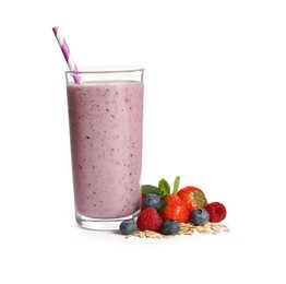 Photo of Glass of tasty smoothie with berries, mint and oatmeal on white background