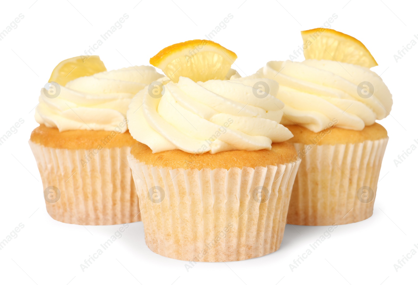 Photo of Delicious lemon cupcakes with cream isolated on white