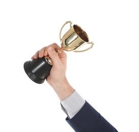 Photo of Businessman holding gold trophy cup on white background, closeup